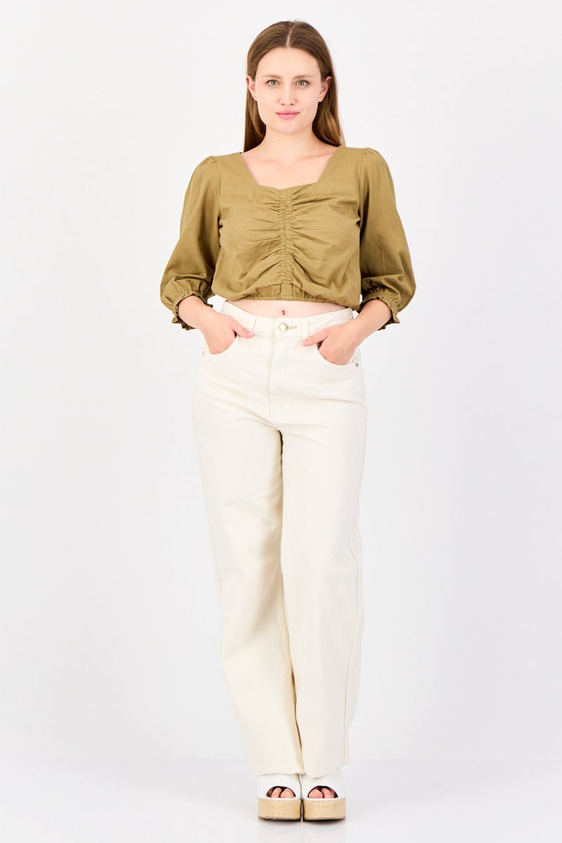 ONLY Women Square Neck  Long Sleeves Solid Blouse, Olive - Image 4