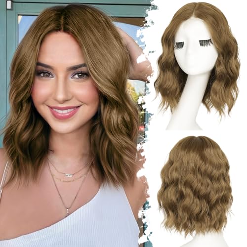 Eawwii Light Ash Brown Short Wavy Wig for Women Lace Hairline Bob Style Synthetic Heat Resistant Natural Appearance for Everyday Hairstyle 14 Inch - Image 1