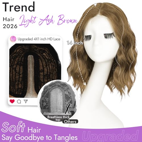 Eawwii Light Ash Brown Short Wavy Wig for Women Lace Hairline Bob Style Synthetic Heat Resistant Natural Appearance for Everyday Hairstyle 14 Inch - Image 3