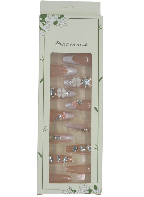 Press-on nails, long pink nails with flower rhinestones, almond-shaped false nails, 24 pieces. Easy Removal at Home with Full Kit