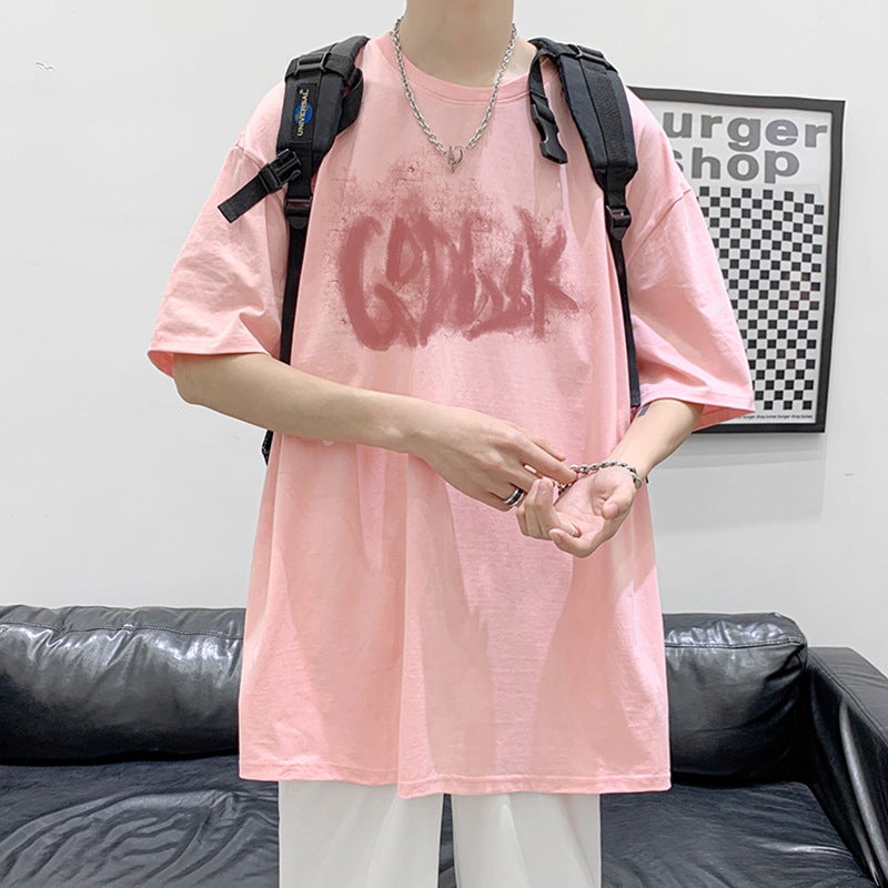 2024 Summer Short-sleeved T-shirt Mens Loose Trendy Ins Hong Kong Style All-match T-shirt Top Plus Size Half-sleeve Top for Chubby Pink T126 Mixed Letter GK 
