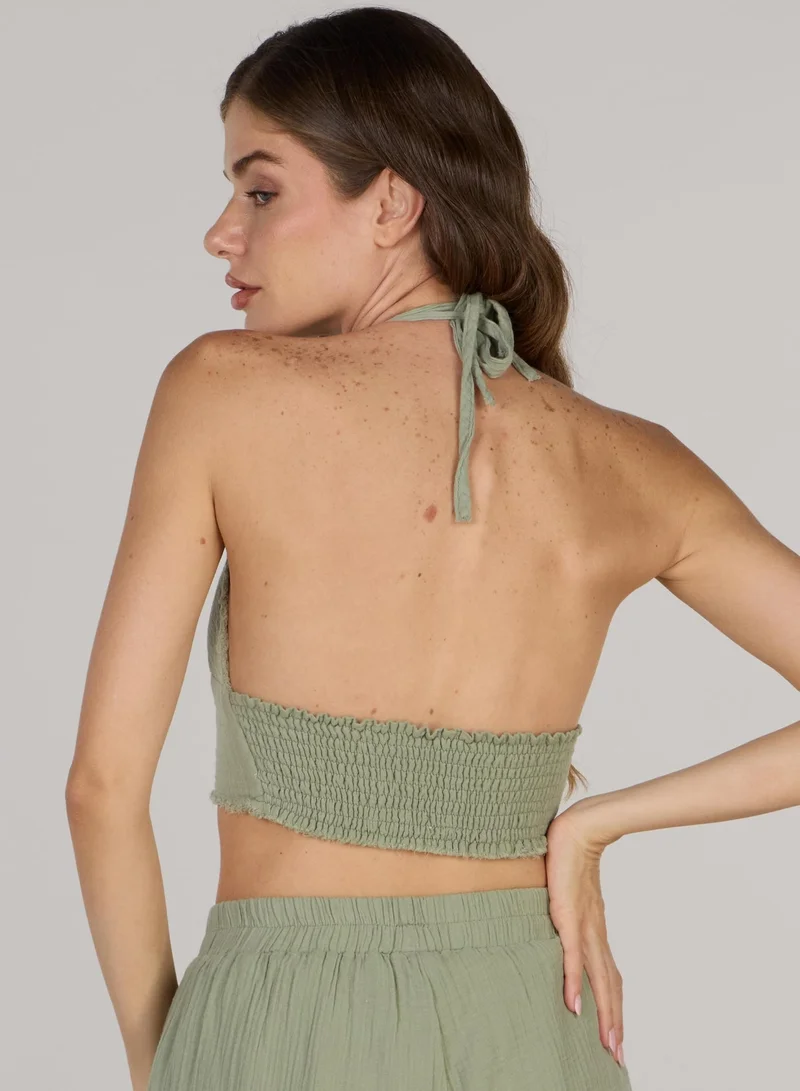 Just Nature Olive Green Halter Neck Mini Top for Women | Best Price UAE
