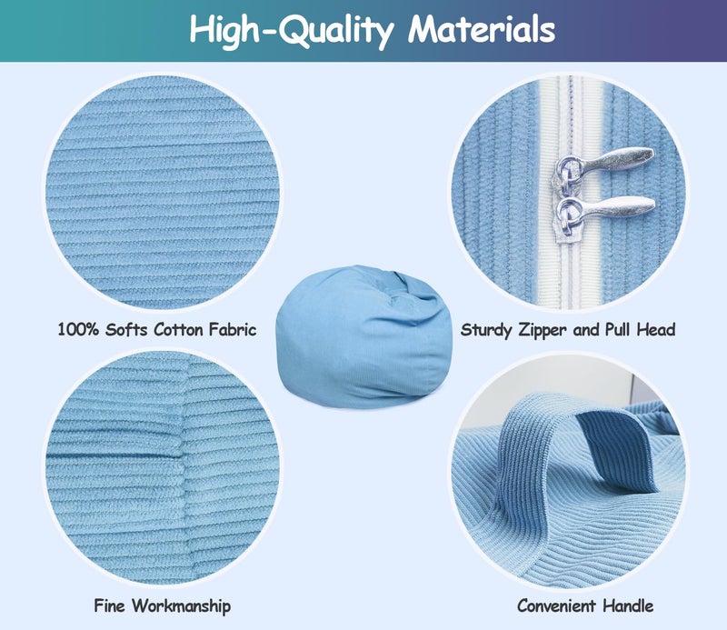 Dafftos Stuffed Storage Bean Bag (No Filler) Premium Corduroy Ultra Soft Washable Perfect Space-Saving Organizer Adults To Keep Plush Toys More Organized For Lazy Playrooms Blue - Image 5