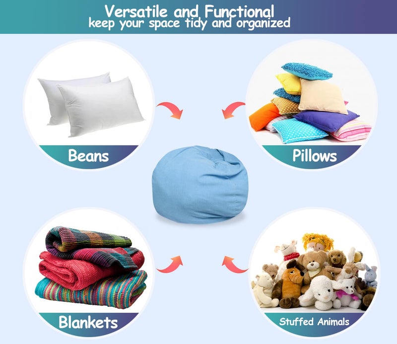 Dafftos Stuffed Storage Bean Bag (No Filler) Premium Corduroy Ultra Soft Washable Perfect Space-Saving Organizer Adults To Keep Plush Toys More Organized For Lazy Playrooms Blue - Image 4