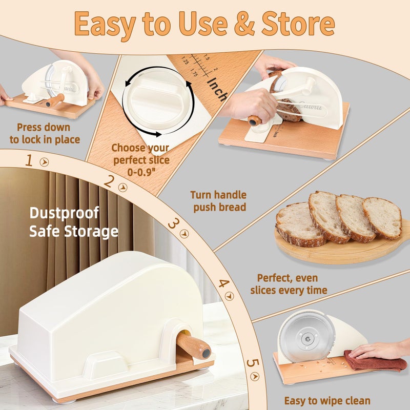 CAWIU Upgraded Manual Bread Slicer for Homemade Sourdough Bread - Adjustable Thickness Bread Cutter with Hand Crank, Suction Cups, Slicing Guide, Scale Line & Cover, for Perfect Even Slices (Cream) - Image 5