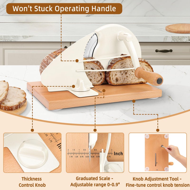 CAWIU Upgraded Manual Bread Slicer for Homemade Sourdough Bread - Adjustable Thickness Bread Cutter with Hand Crank, Suction Cups, Slicing Guide, Scale Line & Cover, for Perfect Even Slices (Cream) - Image 3