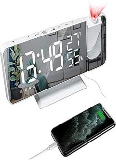 Fegishilly Projection Alarm Clock for Bedroom Ceiling Digital Radio Alarm Clock with USB Phone Charger Dual Alarm Clock with 2 Alarm Sounds/4 Dimmer/180° Rotable LED Screen Alarm Clock (Pure White)