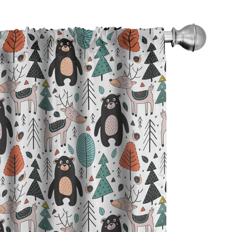 Lunarable Cartoon Window Curtains Nordic Woodland with Hand Drawn Bears Deer Trees Leaves Forest Slugs Graphic Lightweight Decor 2Panel Set with Rod Pocket Pair of 28 x 63 Teal Beige