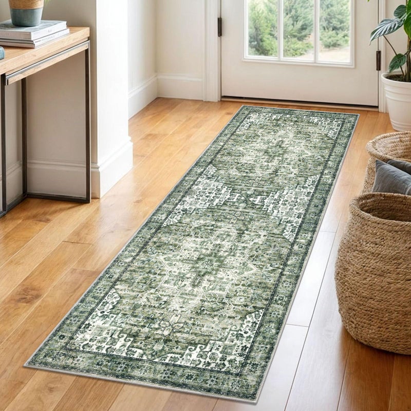 SIILOOM 2x6 Runner for Hallways, Green Non-Slip Washable Kitchen Runner, Vintage Boho Runners Printed Rug with Non-Shedding, Soft Medallion Floor Carpet for Laundry Bedroom Entryway - Image 1