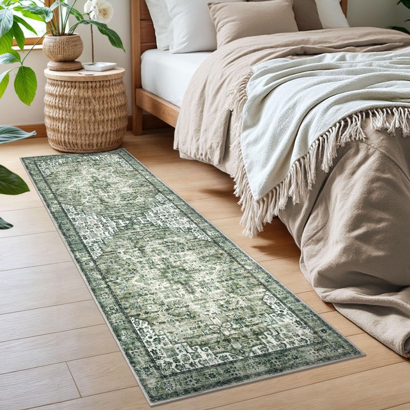 SIILOOM 2x6 Runner for Hallways, Green Non-Slip Washable Kitchen Runner, Vintage Boho Runners Printed Rug with Non-Shedding, Soft Medallion Floor Carpet for Laundry Bedroom Entryway - Image 3