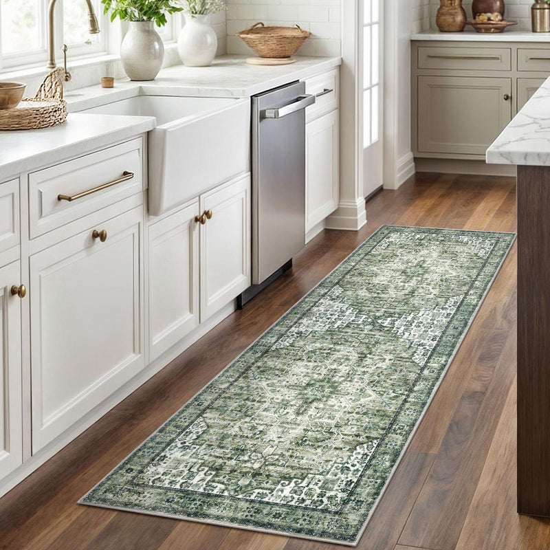 SIILOOM 2x6 Runner for Hallways, Green Non-Slip Washable Kitchen Runner, Vintage Boho Runners Printed Rug with Non-Shedding, Soft Medallion Floor Carpet for Laundry Bedroom Entryway - Image 2