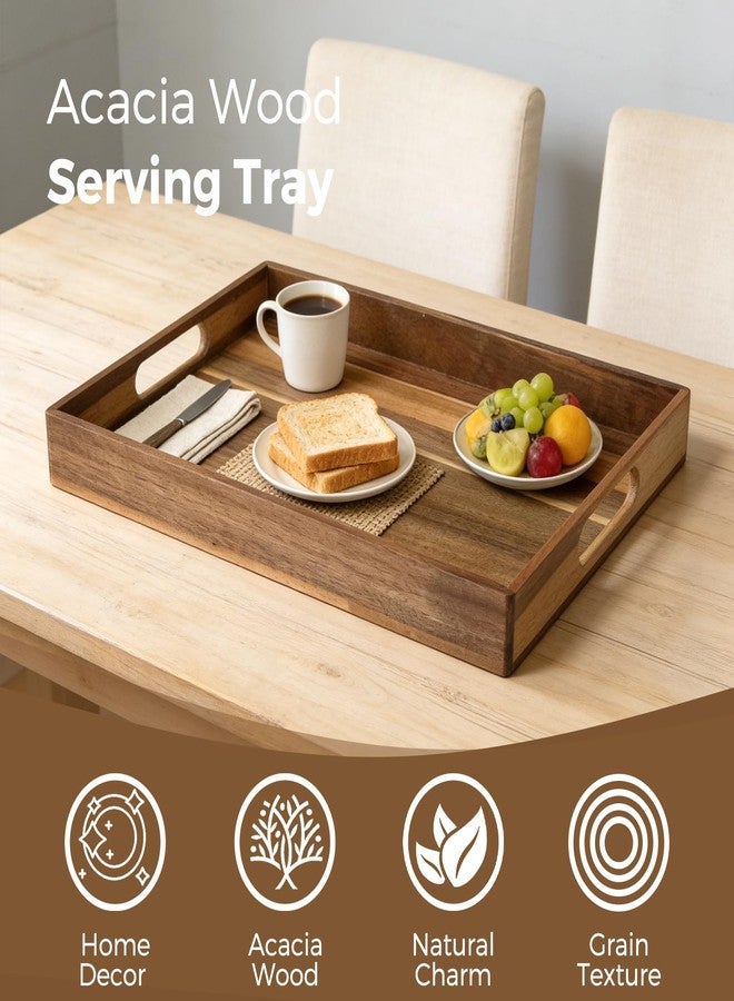 S310 Acacia Wood Serving Tray with Handles, 17 Inch Wooden Tray for Ottoman, Breakfast, Lunch, Dinner, Decorative Rectangular Tray for Living Room, Kitchen Counter, Outdoor - Image 3