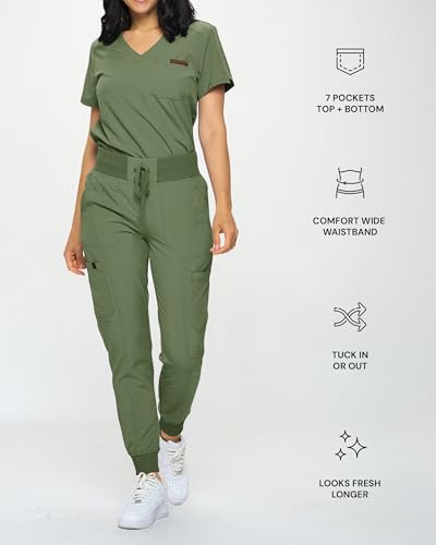 Monarch Uniforms Slim Fit Stretchy Scrubs Women's Jogger Scrub Set Slim Jogger Scrubs with Tuck-In Top for Women (OLIVE-XL) - Image 3