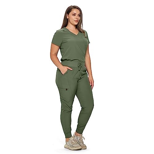 Monarch Uniforms Slim Fit Stretchy Scrubs Women's Jogger Scrub Set Slim Jogger Scrubs with Tuck-In Top for Women (OLIVE-XL) - Image 2