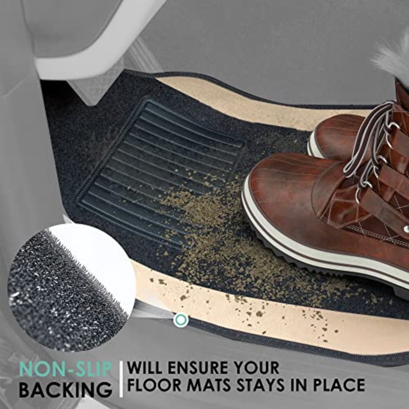 Automotive floor mats for universal fit cars SUVs trucks, premium carpet material, beige color, with driver heel pad and full set coverage - Image 2