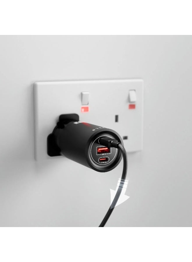 ليفيلو محول سفر ChargeTower بتقنية GaN، منفذ شحن سريع 65 واط، كابل طاقة تيار متردد بطول 1.5 متر، متوافق مع المقابس العالمية (المملكة المتحدة، الاتحاد الأوروبي، الولايات المتحدة)، محول سفر عالمي متكامل مع توزيع ذكي للطاقة، مخرج طاقة يصل إلى 65 واط لمنفذ USB-C ومخرج طاقة يصل إلى 60 واط لمنفذ USB-A - أسود - Image 3