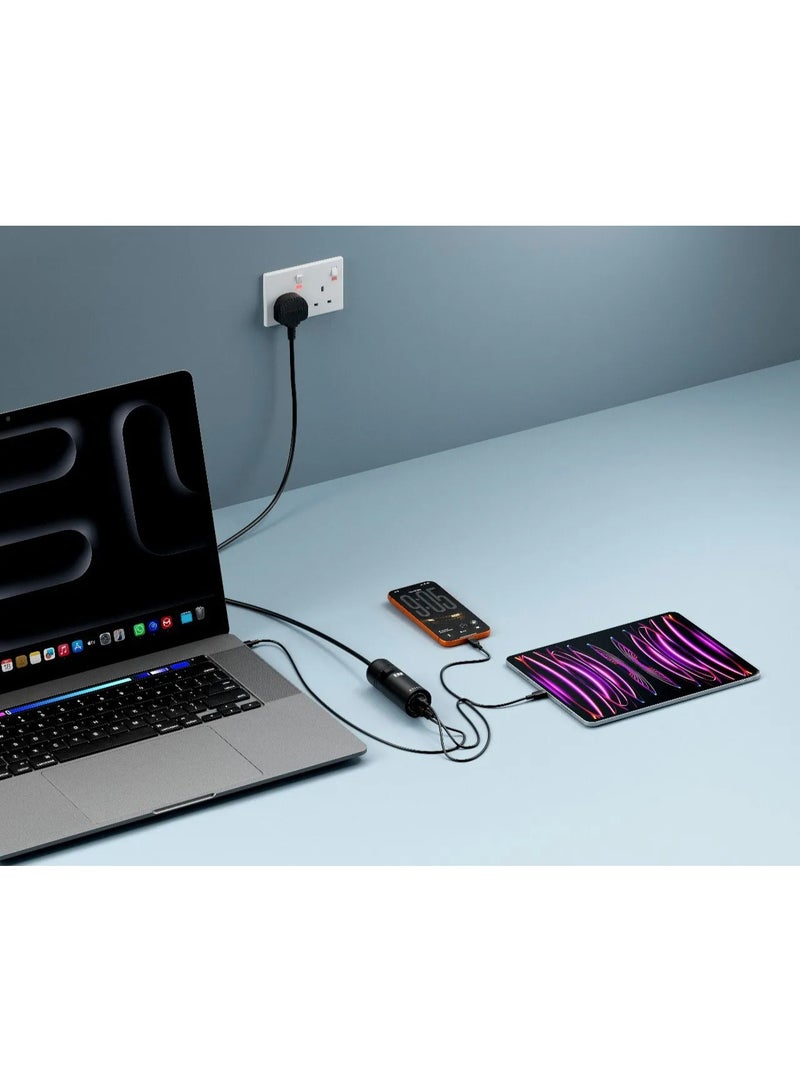 ليفيلو محول سفر ChargeTower بتقنية GaN، منفذ شحن سريع 65 واط، كابل طاقة تيار متردد بطول 1.5 متر، متوافق مع المقابس العالمية (المملكة المتحدة، الاتحاد الأوروبي، الولايات المتحدة)، محول سفر عالمي متكامل مع توزيع ذكي للطاقة، مخرج طاقة يصل إلى 65 واط لمنفذ USB-C ومخرج طاقة يصل إلى 60 واط لمنفذ USB-A - أسود - Image 2