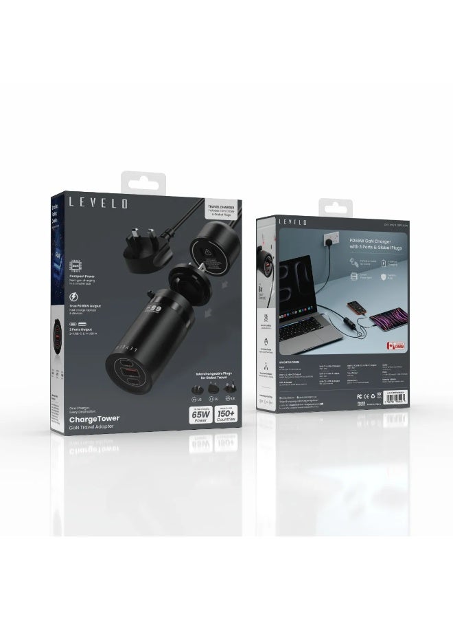 ليفيلو محول سفر ChargeTower بتقنية GaN، منفذ شحن سريع 65 واط، كابل طاقة تيار متردد بطول 1.5 متر، متوافق مع المقابس العالمية (المملكة المتحدة، الاتحاد الأوروبي، الولايات المتحدة)، محول سفر عالمي متكامل مع توزيع ذكي للطاقة، مخرج طاقة يصل إلى 65 واط لمنفذ USB-C ومخرج طاقة يصل إلى 60 واط لمنفذ USB-A - أسود - Image 4