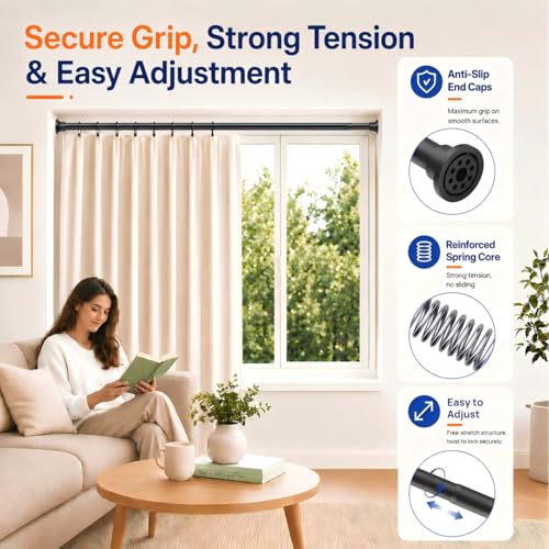 ALLZONE Adjustable Tension Curtain Rod 42 to 78 Inches Spring Loaded Curtain Rods No Drilling Renter Friendly Tension Rod for Windows Shower Closet No Drill NonSlip Black - Image 3
