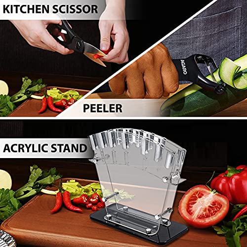 AGARO Grand 17Pcs Kitchen Knife Set, High Carbon Stainless Steel, Professional Chef Knife Set for Kitchen, (13 Knives + Acrylic Stand +Scissors +Peeler & Knife Sharpener), Home & Restaurant Use, Black - Image 4