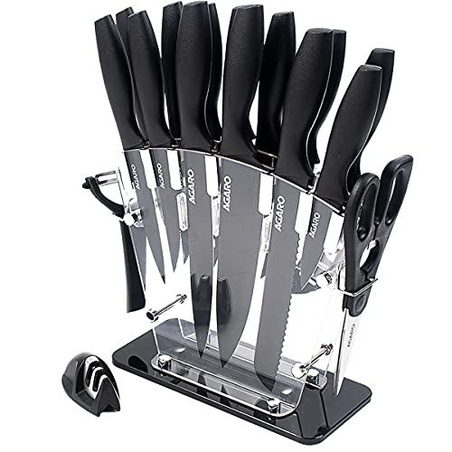 AGARO Grand 17Pcs Kitchen Knife Set, High Carbon Stainless Steel, Professional Chef Knife Set for Kitchen, (13 Knives + Acrylic Stand +Scissors +Peeler & Knife Sharpener), Home & Restaurant Use, Black - Image 1
