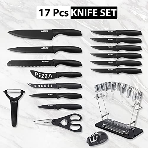 AGARO Grand 17Pcs Kitchen Knife Set, High Carbon Stainless Steel, Professional Chef Knife Set for Kitchen, (13 Knives + Acrylic Stand +Scissors +Peeler & Knife Sharpener), Home & Restaurant Use, Black - Image 2