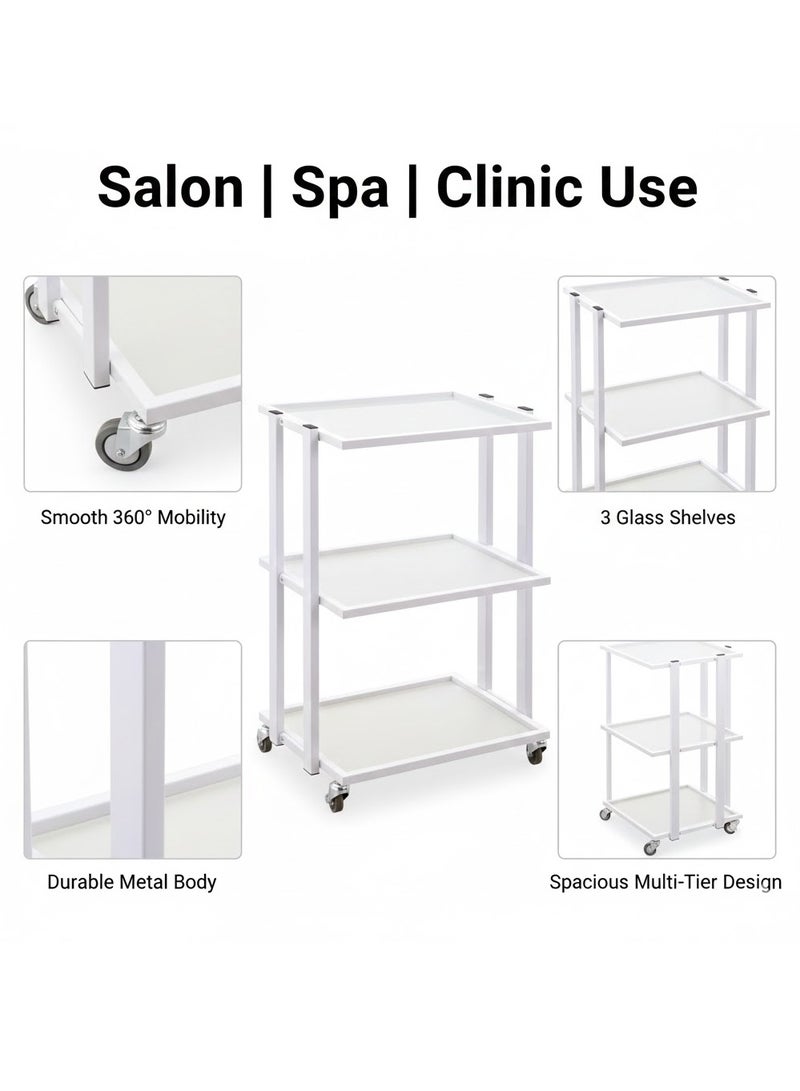 Globalstar Multi-Functional Salon Tool Storage Trolley - White Glass 3 Shelves for Hairdressing - Image 2