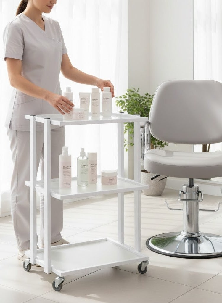 Globalstar Multi-Functional Salon Tool Storage Trolley - White Glass 3 Shelves for Hairdressing - Image 3