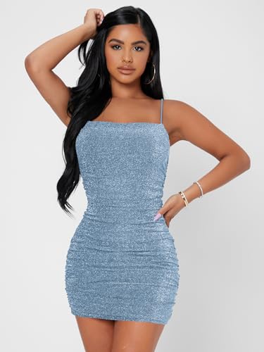 Floerns Women's Glitter Sleeveless Ruched Party Clubwear Bodycon Mini Dress Ocean Blue S - Image 5