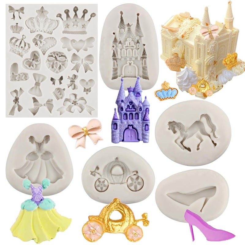 Sijiangmold Cinderella Fondant Mold Fairy Tales Castle Pumpkin Carriage Princess Dress Crystal Shoes Silicone Chocolate Candy Mold Bow Crown Mold For Cake Decoration Cupcake Gum Paste Clay Set Of 6 - Image 1