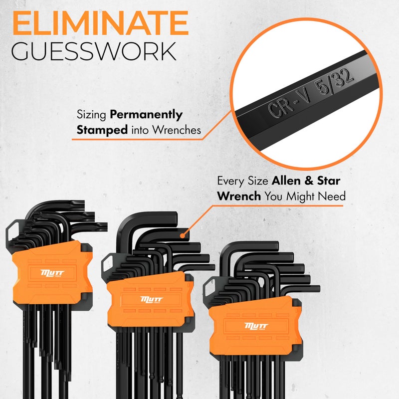 AMERICAN MUTT TOOLS مجموعة مفاتيح ألين طويلة من موت تولز 35 قطعة ومجموعة مفاتيح نجمة - تشمل مفاتيح نجمة ومترية ومعيارية SAE - مفاتيح ألين طويلة مع رأس كروي ومفاتيح توركس أمان - Image 3