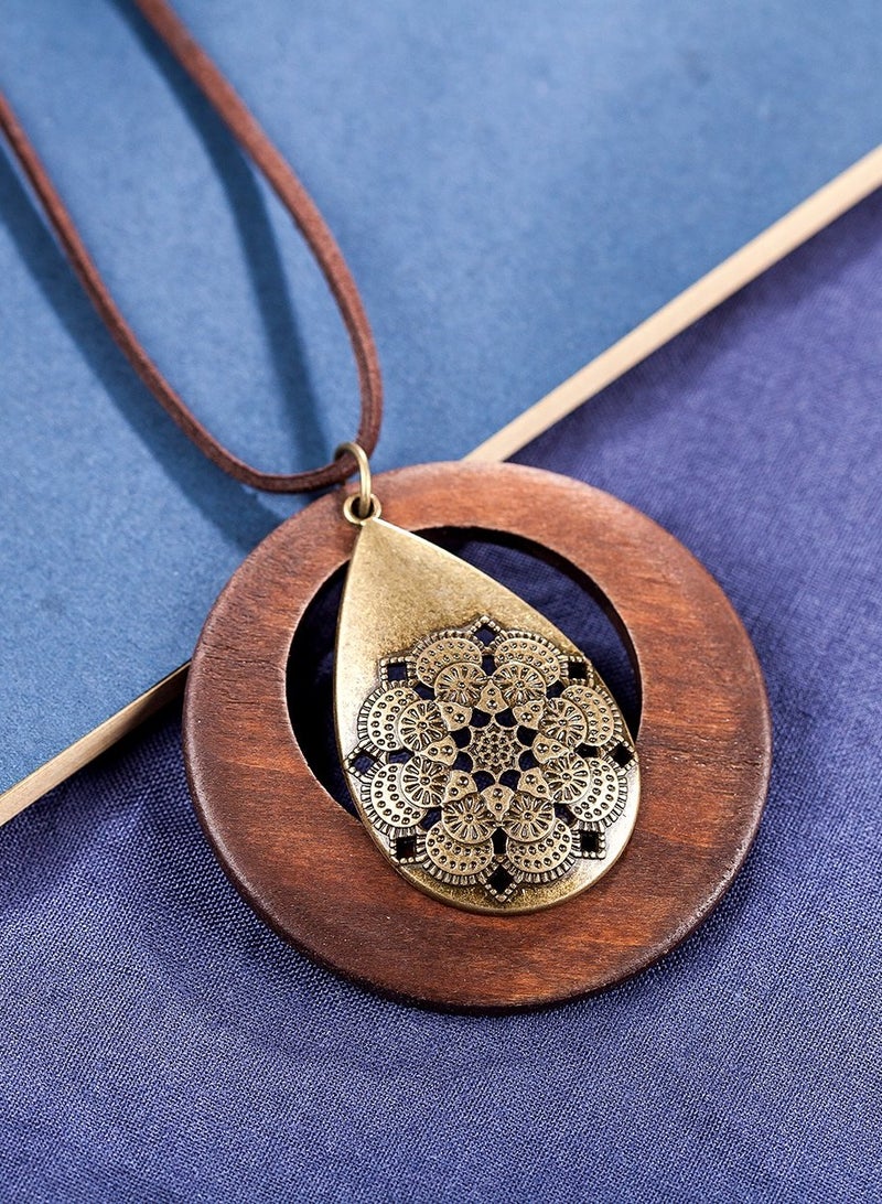 Handmade Women's Wooden Pendant Necklace, Vintage Style Long Rope Sweater Chain Jewelry Gift for Her, Waterdrop Alloy Pendant, Perfect for Any Occasion.  - Image 2