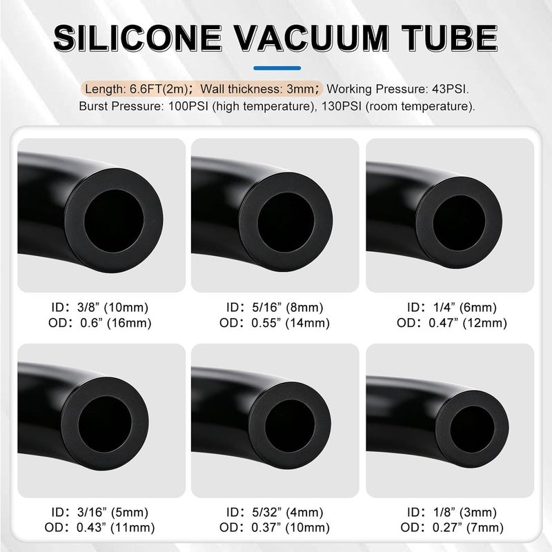 Tnisesm Silicone Vacuum Tubing Hose 130PSI 6.6 FT With 12 Sizes 128PCS Vacuum Connector, 1/8" 5/32" 3/16" 1/4" 5/16" 3/8"ID High Performance Automotive Silicone Vacuum Tubing Hose line Kit - Image 3