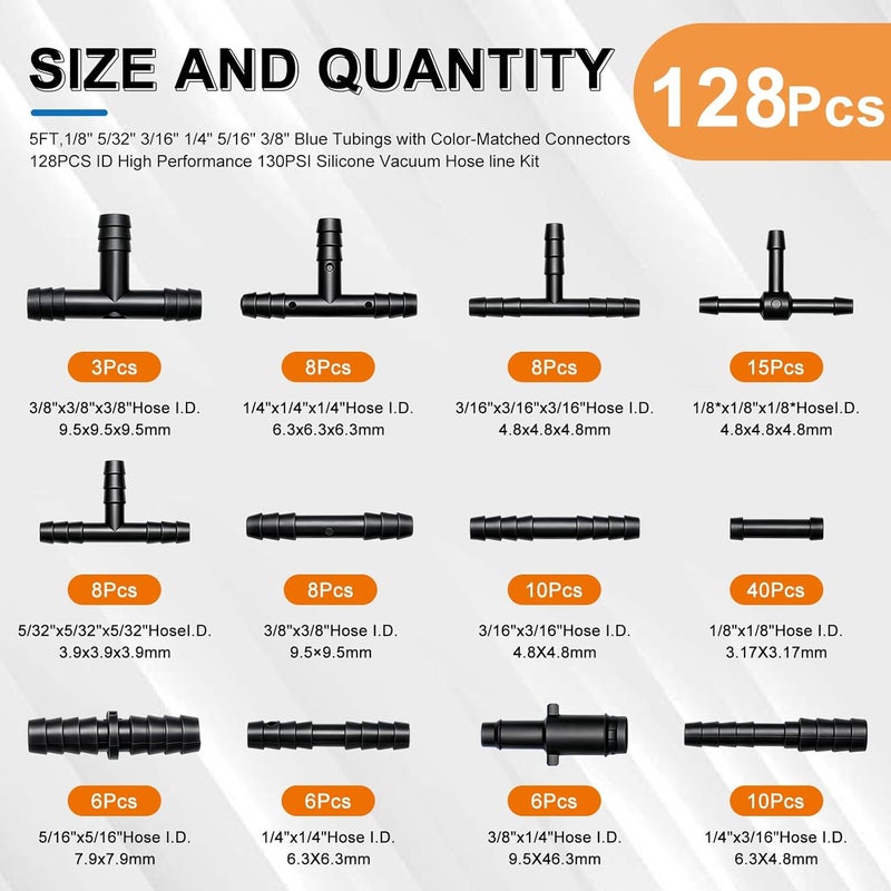 Tnisesm Silicone Vacuum Tubing Hose 130PSI 6.6 FT With 12 Sizes 128PCS Vacuum Connector, 1/8" 5/32" 3/16" 1/4" 5/16" 3/8"ID High Performance Automotive Silicone Vacuum Tubing Hose line Kit - Image 2