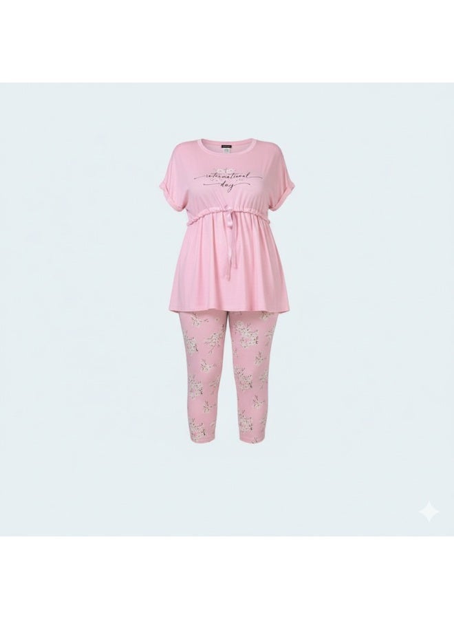 LADY Plus Size Floral Capri Pyjama Set – Women's Short Sleeve Sleepwear with Tie Front Top - Image 1