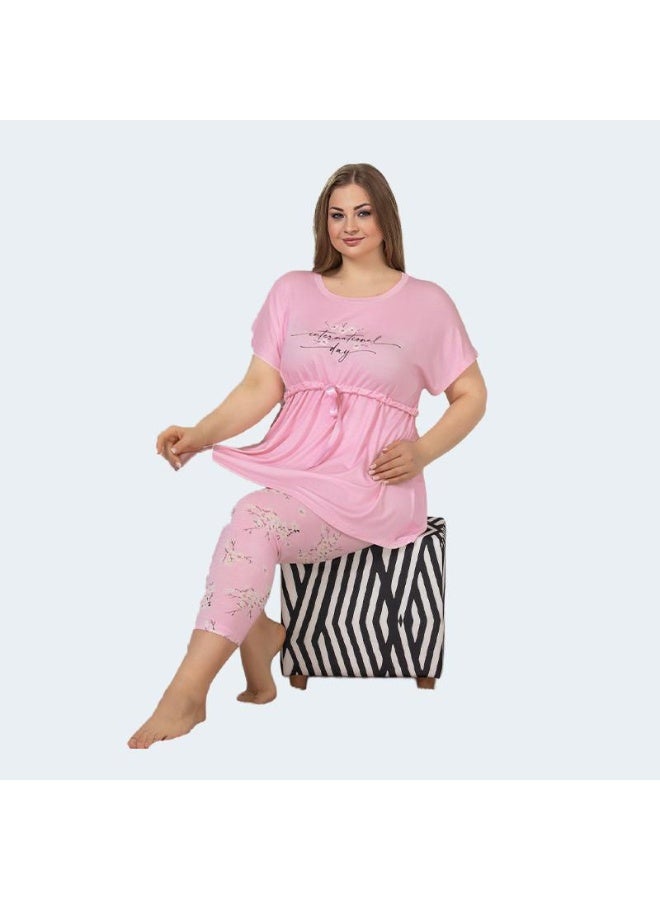 LADY Plus Size Floral Capri Pyjama Set – Women's Short Sleeve Sleepwear with Tie Front Top - Image 3