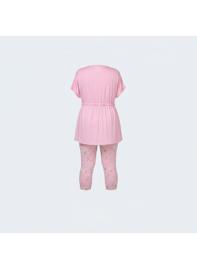 LADY Plus Size Floral Capri Pyjama Set – Women's Short Sleeve Sleepwear with Tie Front Top - Image 2