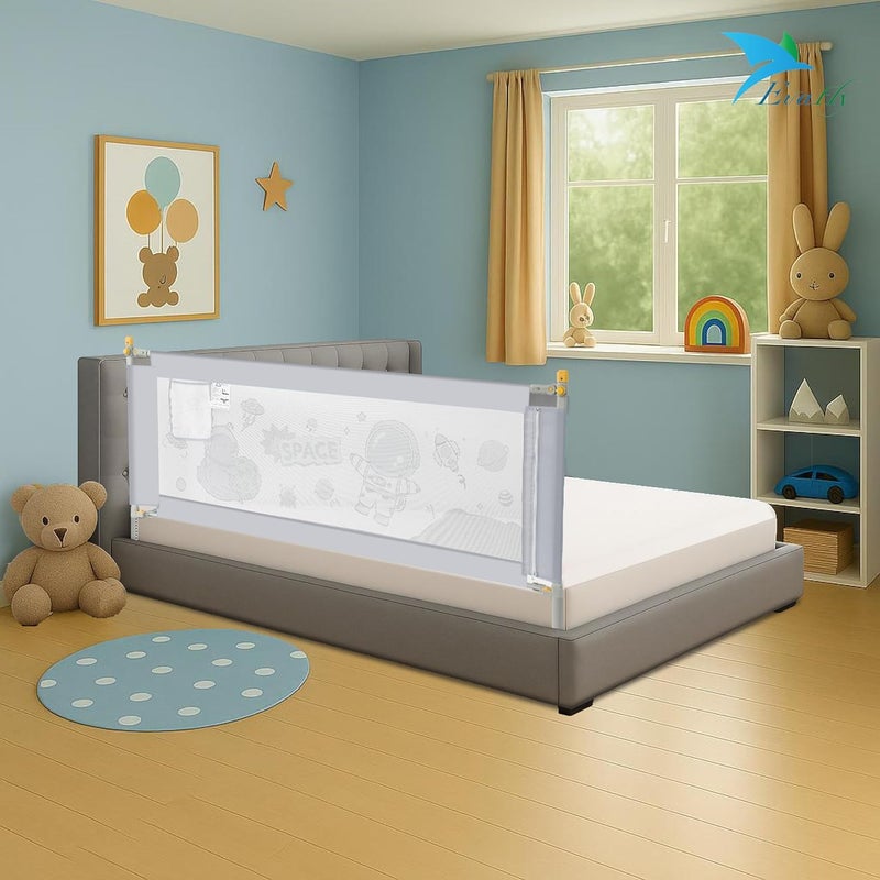 Evafly Bed Railing for Baby Safety Astronaut Print, L-180cm x Adjust Height Between 68-93cm, Single Side Bed Rail for Infant & Toddler's Safety-Grey - Image 1