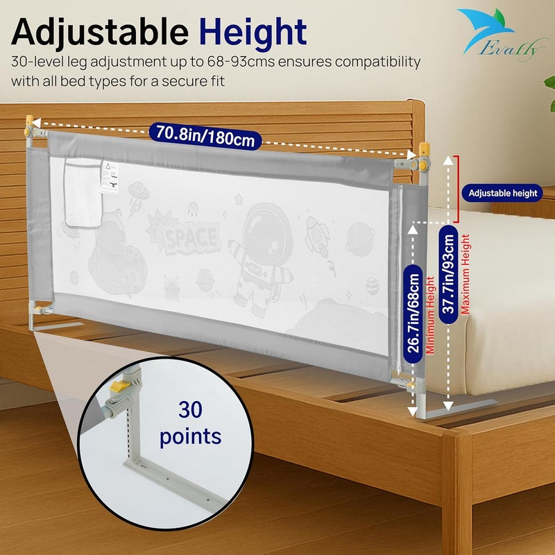 Evafly Bed Railing for Baby Safety Astronaut Print, L-180cm x Adjust Height Between 68-93cm, Single Side Bed Rail for Infant & Toddler's Safety-Grey - Image 2