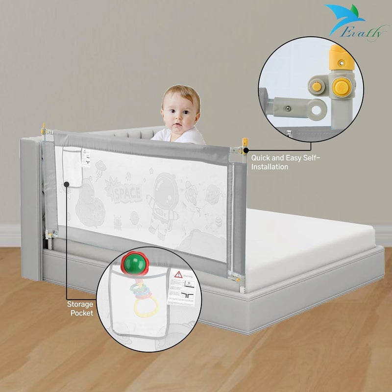Evafly Bed Railing for Baby Safety Astronaut Print, L-180cm x Adjust Height Between 68-93cm, Single Side Bed Rail for Infant & Toddler's Safety-Grey - Image 4