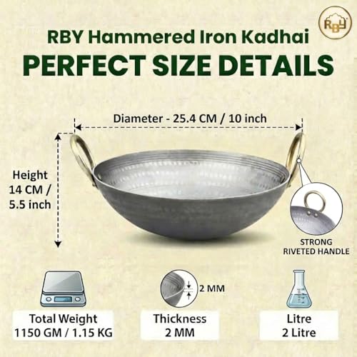 RBY 2 Litre (10 Inch / 25.4 CM) Hammered Food Grade Iron Kadai Lohe Ki Kadhai for Frying Cooking Heavy Base Smooth Edge Metal Spoon Friendly Deep Frying Pan Gas & Induction Compatible - Image 2