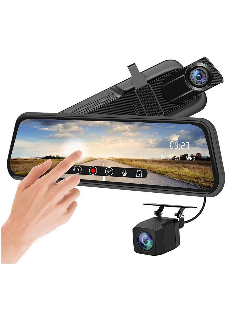 Generic 9.66'' Mirror Dash Cam  Night Vision 1080P FHD  Full Touch Screen Front and Rear View Backup Camera for Cars Loop Recording Streaming Media 170°Wide Angle Parking Assistance with 10 Meters Cable  - Image 1