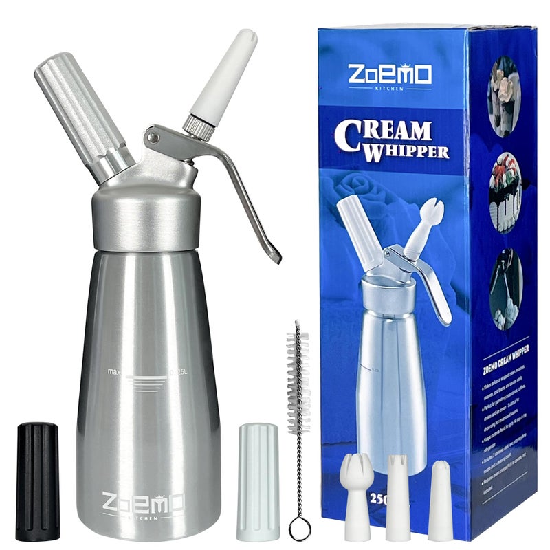 ZOEMO Profesional Whipped Cream Dispenser  Ugraded Full Metal Cream Whipper Canister wDurable Metal Body  Head with 3 Decorating Tips Professional Silver 250 ML 
