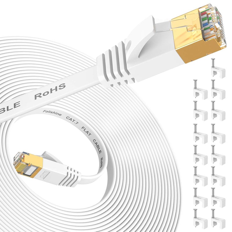 كابل إيثرنت Cat 7 بطول 30 قدم، كابل شبكة إنترنت عالي السرعة مع موصل RJ45 مطلي بالذهب، سلك توصيل مسطح محمي LAN للمودم والمحول، أسرع من Cat5e/Cat5/Cat6/Cat6e - 30 قدم - Image 1