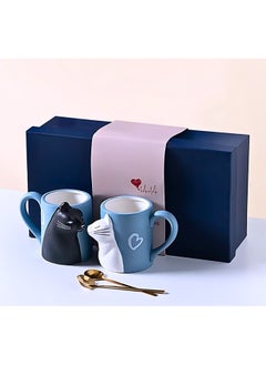 SOLARAE Cat Couple Mug set, Unique Funny Tea Ceramic Cup Set for Bride and Groom, Matching Gift For Birthday, Anniversary, Wedding, Engagement Valentines Day Girlfriend Wife (Cat mug) Blue 400ml  - Image 1