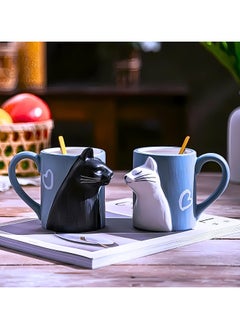 SOLARAE Cat Couple Mug set, Unique Funny Tea Ceramic Cup Set for Bride and Groom, Matching Gift For Birthday, Anniversary, Wedding, Engagement Valentines Day Girlfriend Wife (Cat mug) Blue 400ml  - Image 2