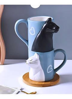 SOLARAE Cat Couple Mug set, Unique Funny Tea Ceramic Cup Set for Bride and Groom, Matching Gift For Birthday, Anniversary, Wedding, Engagement Valentines Day Girlfriend Wife (Cat mug) Blue 400ml  - Image 4