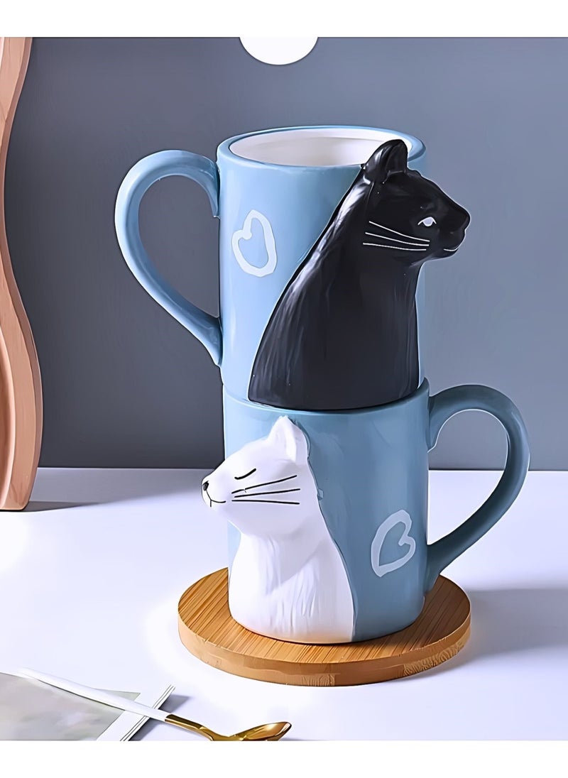 SOLARAE Cat Couple Mug set, Unique Funny Tea Ceramic Cup Set for Bride and Groom, Matching Gift For Birthday, Anniversary, Wedding, Engagement Valentines Day Girlfriend Wife (Cat mug) Blue 400ml  - Image 4