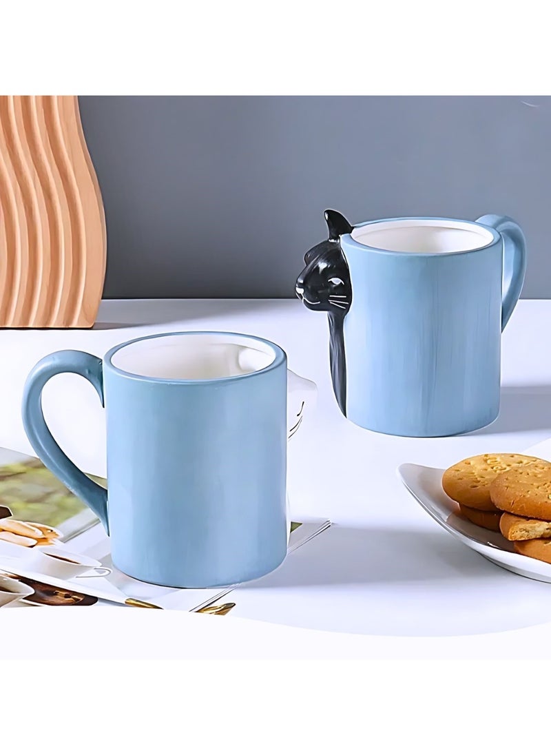 SOLARAE - Cat Couple Mug set, Unique Funny Tea Ceramic Cup Set for Bride and Groom, Matching Gift For Birthday, Anniversary, Wedding, Engagement Valentines Day Girlfriend Wife (Cat mug) Blue 400ml - Image 1