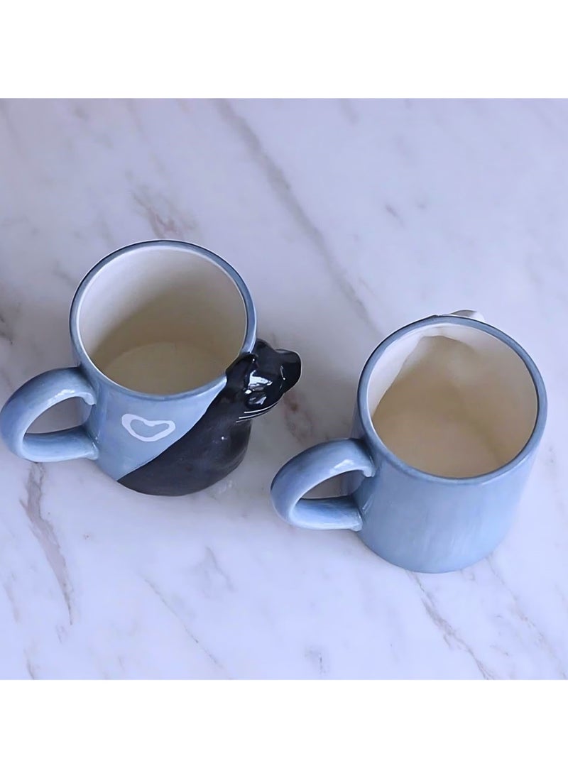 SOLARAE - Cat Couple Mug set, Unique Funny Tea Ceramic Cup Set for Bride and Groom, Matching Gift For Birthday, Anniversary, Wedding, Engagement Valentines Day Girlfriend Wife (Cat mug) Blue 400ml - Image 1